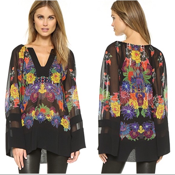 Just Cavalli Tops - Just Cavalli Sheer Mexican Couture Print Blouse